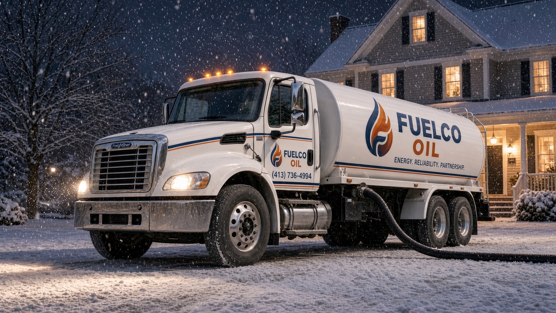 Fuel Co Oil tanker filling at night in the snow